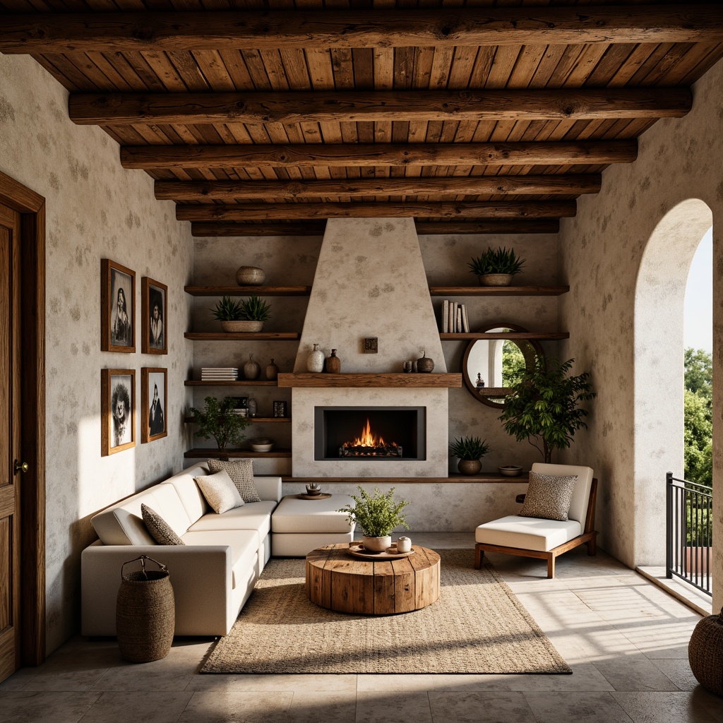 Prompt: Rustic villa interior, exposed wooden beams, distressed wood accents, natural stone walls, earthy color palette, cozy farmhouse atmosphere, plush furnishings, vintage decor, warm lighting, soft shadows, shallow depth of field, 1/2 composition, realistic textures, ambient occlusion.