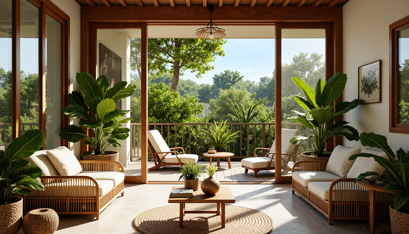 Prompt: Vibrant tropical plants, rattan furniture, woven bamboo textures, natural fibers, earthy color palette, warm wooden accents, large windows, sliding glass doors, bright sunny day, soft diffused lighting, shallow depth of field, 1/1 composition, panoramic view, realistic wood grains, ambient occlusion, cozy reading nooks, plush cushions, exotic flower arrangements, woven baskets, organic shapes, minimal ornamentation.