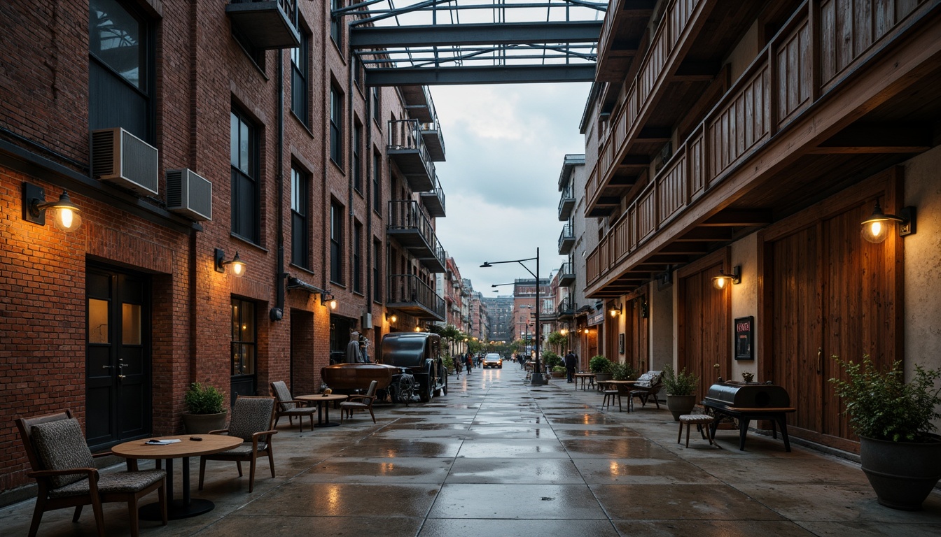 Prompt: Rustic warehouse, exposed brick walls, metal beams, reclaimed wood accents, industrial-style lighting fixtures, concrete floors, vintage machinery, distressed textures, urban cityscape, overcast sky, moody atmospheric lighting, shallow depth of field, 2/3 composition, cinematic camera angles, realistic material reflections, ambient occlusion.