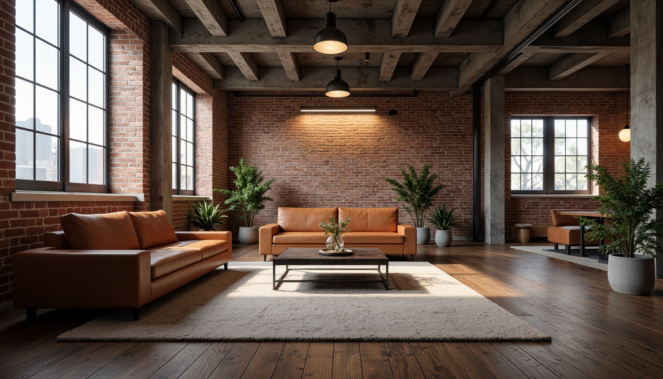 Prompt: Exposed brick walls, reclaimed wood flooring, industrial metal beams, modern minimalist furniture, sleek low-profile lighting, warm cozy ambiance, softbox lights, floor-to-ceiling windows, urban city views, concrete ceilings, Edison bulb fixtures, matte black metal shades, warm white color temperature, 1/1 composition, high-contrast lighting, dramatic shadows, realistic textures, ambient occlusion.