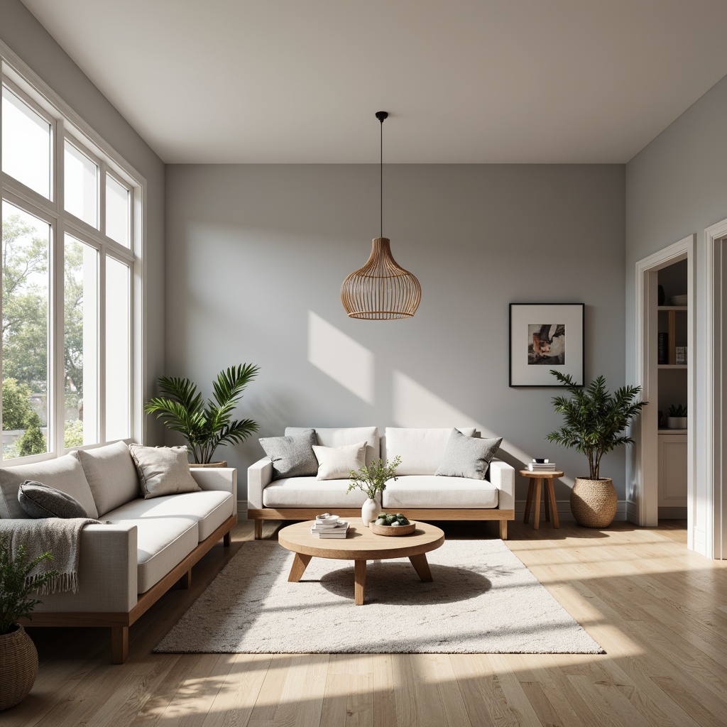 Prompt: Cozy Scandinavian living room, minimalist furniture, sleek wooden coffee table, low-profile sofas, monochromatic color scheme, soft grey walls, light oak flooring, natural textiles, woven baskets, pendant lamp, floor-to-ceiling windows, Nordic-inspired decor, greenery accents, morning sunlight, shallow depth of field, 1/1 composition, realistic textures, ambient occlusion.