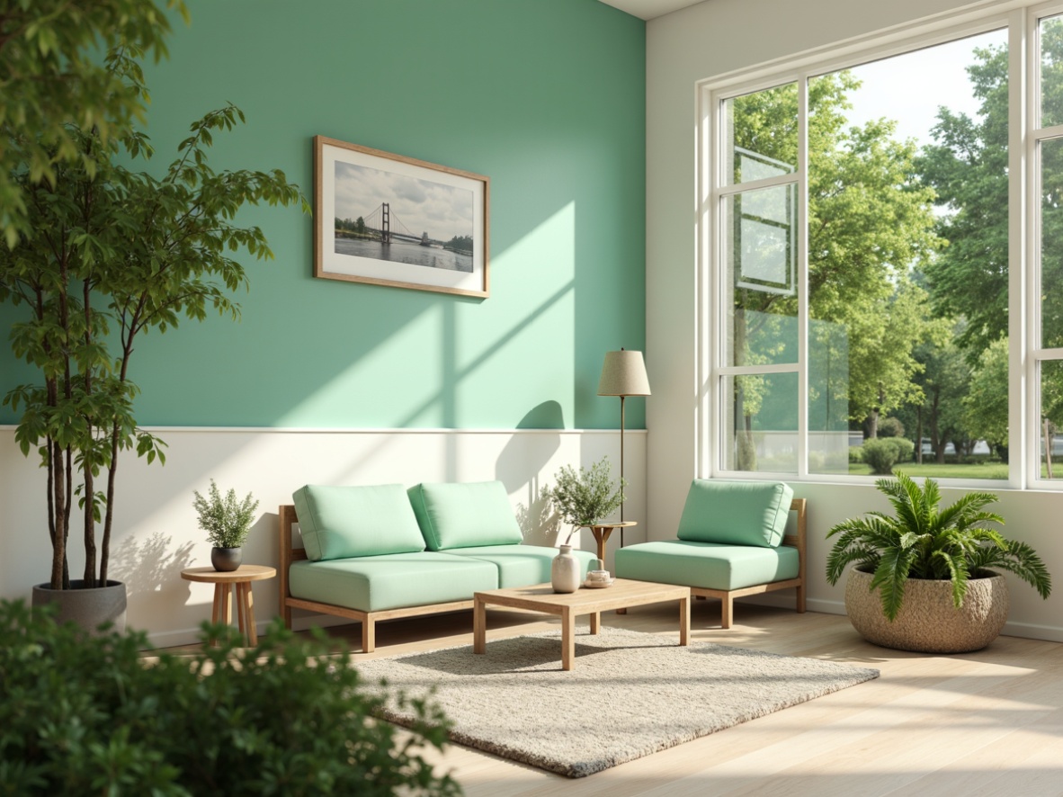 Prompt: Pastel mint walls, soft cream accents, calming ambiance, refreshing atmosphere, natural light pouring in, lush greenery surroundings, wooden furniture with mint cushions, subtle metallic decorations, gentle breeze, warm sunny day, shallow depth of field, 1/2 composition, relaxed mood, serene vibe, soft focus, atmospheric perspective.