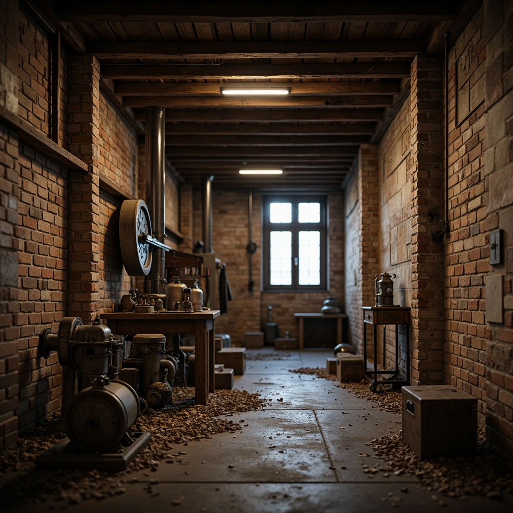 Prompt: Rustic, worn, distressed textures, exposed brick walls, rough-hewn stone facades, reclaimed wood accents, industrial metal beams, vintage machinery, earthy tones, muted color palette, atmospheric lighting, soft focus, shallow depth of field, cinematic composition, 2.35