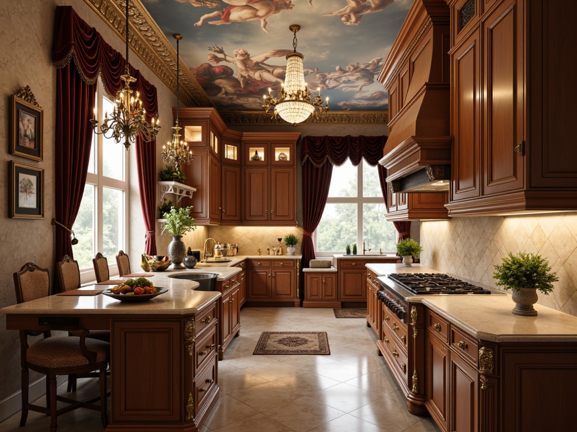 Prompt: Luxurious baroque kitchen, ornate gold fixtures, rich walnut cabinetry, polished marble countertops, intricately carved wooden decorations, soft warm lighting, velvety smooth flooring, elegant crystal chandeliers, refined bronze hardware, lavish velvet drapes, opulent fresco ceiling, grandiose architectural details, highly textured stone walls, warm beige color palette, 1/2 composition, dramatic shadows, realistic reflections.