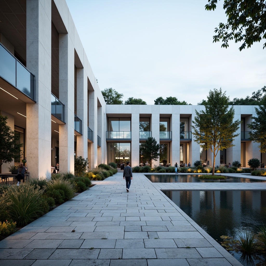 Prompt: Solemn memorial center, serene landscaping, gentle water features, peaceful walking paths, subtle stone textures, muted earthy tones, calming blue-grey hues, elegant white marble accents, modern minimalist architecture, large glass windows, soft diffused lighting, shallow depth of field, 1/1 composition, realistic reflections, ambient occlusion.