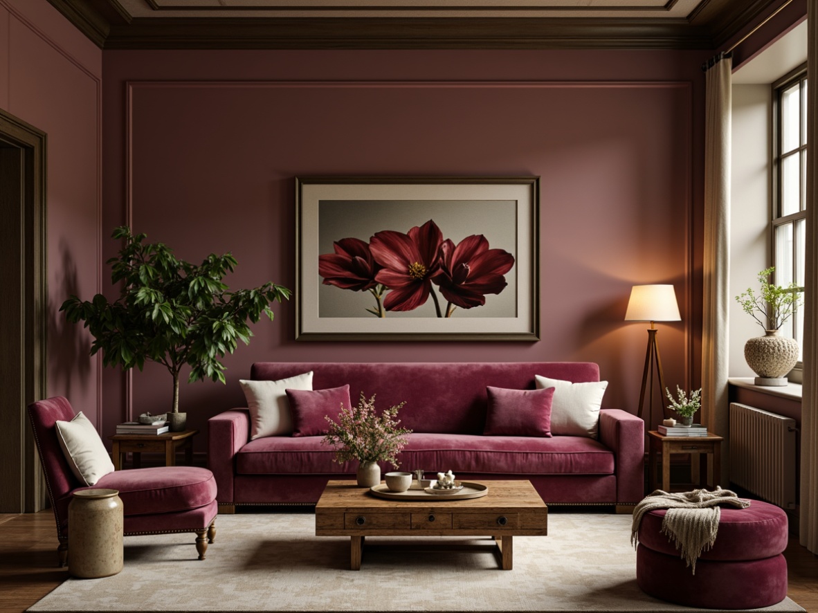 Prompt: Rich plum hue, warm beige tones, soft sage accents, creamy whites, dark wood textures, luxurious velvet fabrics, ornate gold details, subtle sheen finishes, cozy ambient lighting, intimate atmosphere, elegant living room, refined modern decor, sophisticated color palette, 1/2 composition, shallow depth of field, warm golden hour.