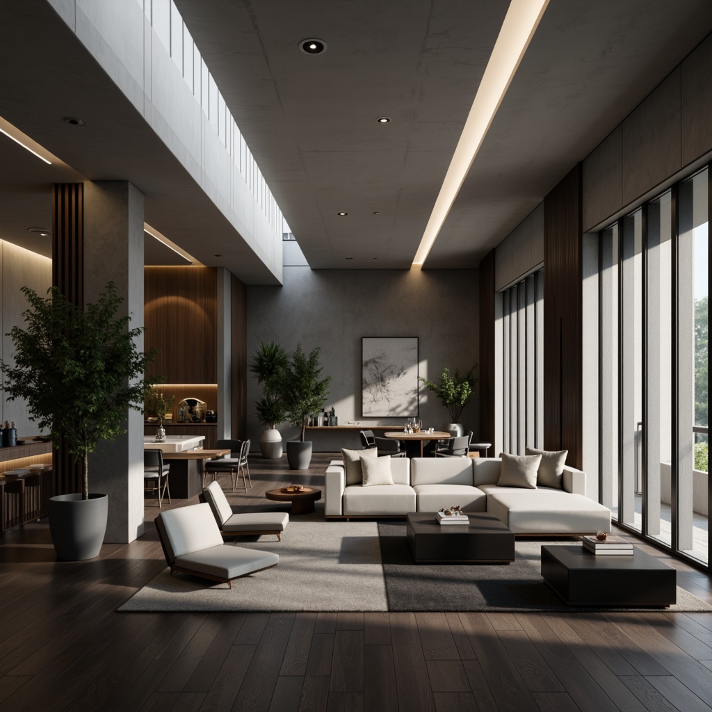 Prompt: Streamlined modern interior, monochromatic color scheme, rich charcoal grey walls, creamy white accents, dark wood flooring, metallic silver fixtures, sleek minimalist furniture, geometric patterns, ambient softbox lighting, shallow depth of field, 1/1 composition, realistic textures, subtle reflections.