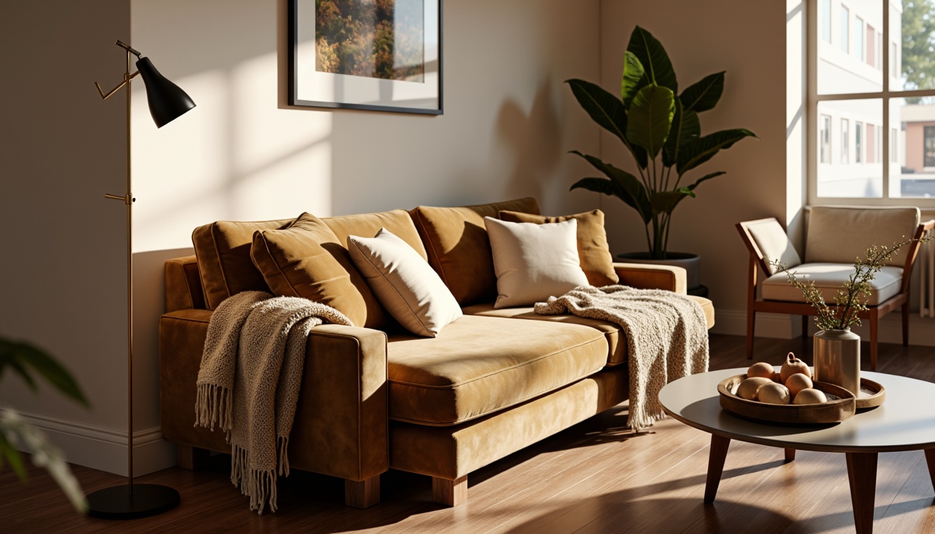 Prompt: Cozy living room, plush velvet sofa, soft silk throw pillows, chunky woven blankets, warm beige walls, rich walnut wood flooring, modern minimalist coffee table, elegant floor lamps, natural daylight, warm ambient lighting, shallow depth of field, 1/1 composition, realistic fabric textures, subtle shadows.