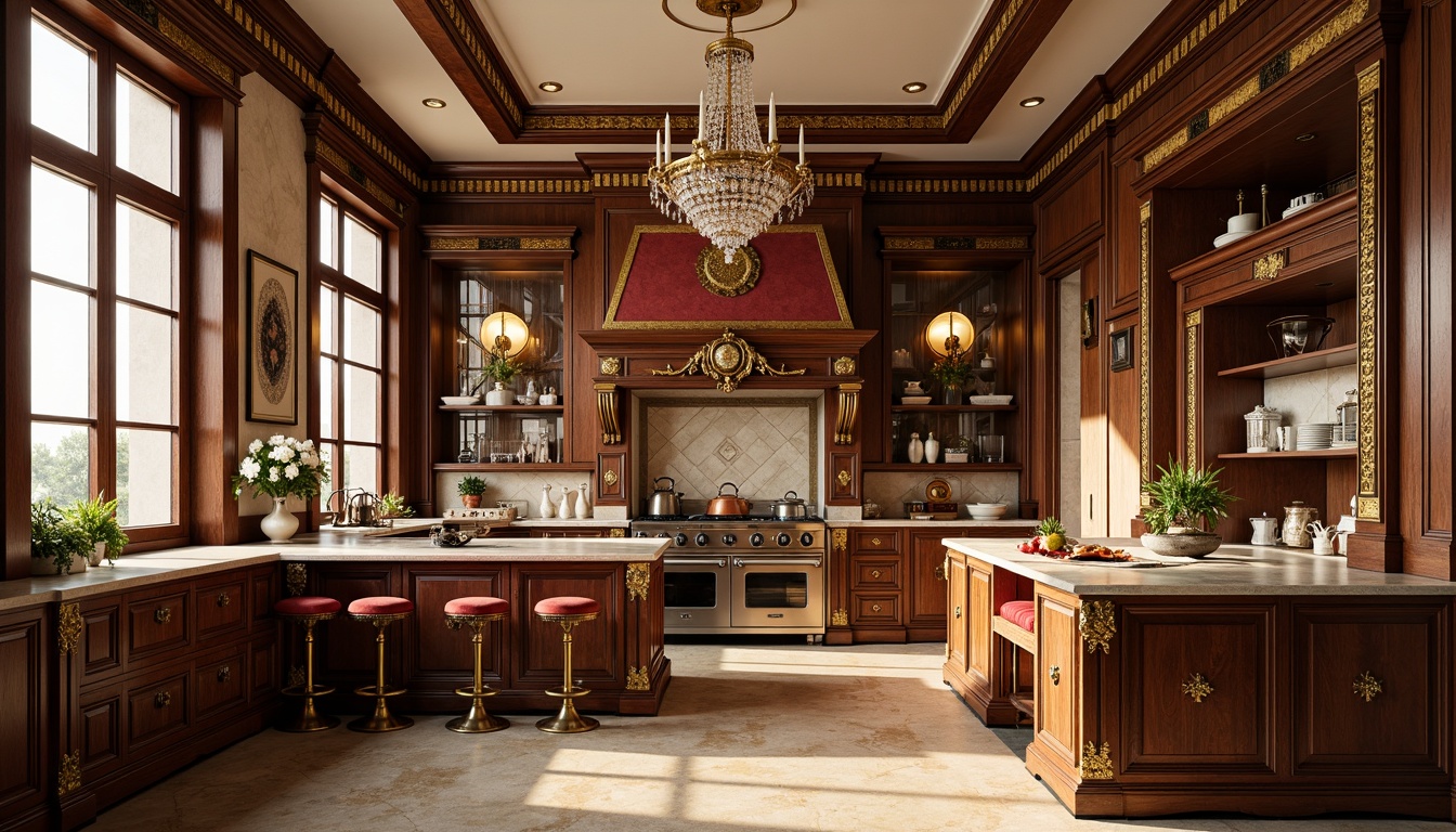 Prompt: Ornate baroque kitchen, rich gold accents, polished marble countertops, intricately carved wooden cabinetry, ornamental metal hardware, luxurious velvet upholstery, crystal chandelier lighting, warm beige stone flooring, soft warm glow, dramatic shadows, 1/1 composition, shallow depth of field, realistic textures, ambient occlusion.