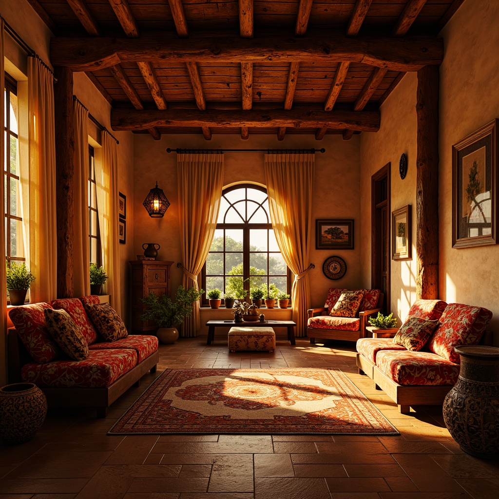 Prompt: Warm lantern-style lighting, rustic wooden beams, traditional cultural patterns, vibrant color schemes, cozy seating areas, woven textiles, natural stone walls, earthy tone flooring, decorative ceramics, ornate metalwork, warm golden lighting, soft shadow effects, 1/2 composition, intimate atmosphere, realistic material textures, ambient occlusion.