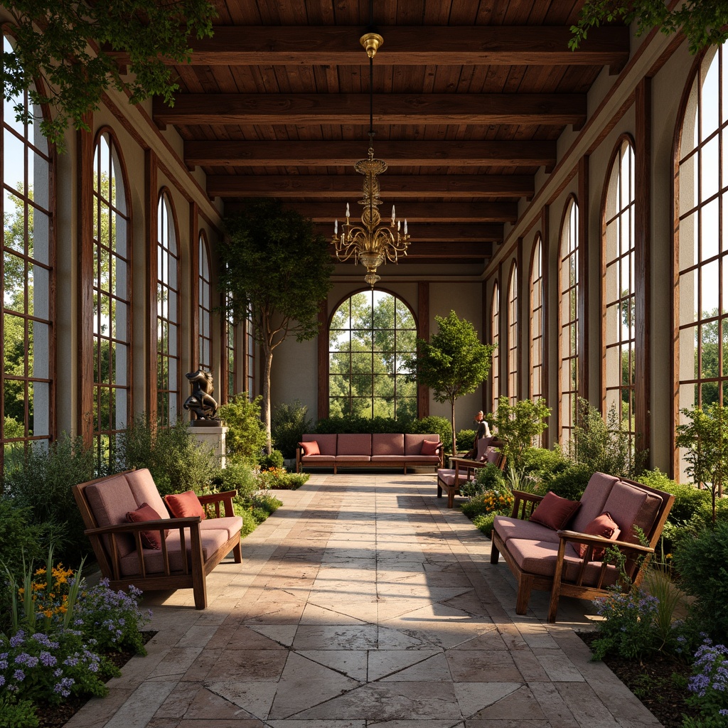 Prompt: Rustic wooden accents, distressed metal frames, earthy stone walls, lush greenery, vibrant flowers, rough-hewn wooden benches, weathered bronze statues, intricate mosaic patterns, rich velvet drapes, ornate golden fixtures, soft warm lighting, shallow depth of field, 3/4 composition, panoramic view, realistic textures, ambient occlusion.