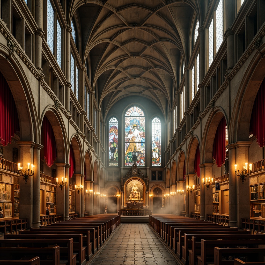 Prompt: Grandiose Gothic cathedral, intricately carved stone walls, ornate wooden paneling, stained glass windows, dramatic vaulted ceilings, mysterious candlelit ambiance, rich velvet drapes, elaborate frescoes, ornamental metalwork, mystical symbolisms, atmospheric fog effect, warm golden lighting, low-key shading, 1/2 composition, close-up shot, realistic textures, ambient occlusion.