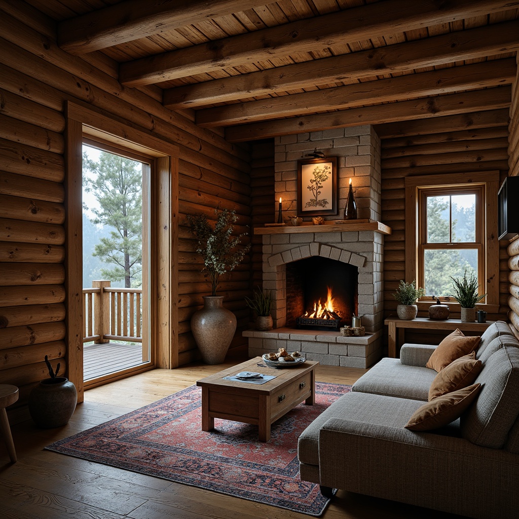 Prompt: Rustic wooden cabin, distressed finishes, vintage metalware, earthy color palette, natural stone fireplace, plush woven textiles, antique furniture pieces, candlelit ambiance, soft warm lighting, shallow depth of field, 1/2 composition, intimate setting, cozy atmosphere, forest surroundings, misty morning, realistic wood grains, ambient occlusion.