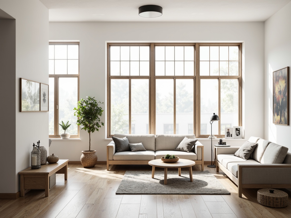 Prompt: Light-filled Scandinavian living room, minimalist furnishings, sleek wooden floors, white walls, large windows, natural textiles, woven baskets, simple geometric patterns, Nordic-inspired decor, industrial-chic lighting fixtures, low-profile sofas, tufted rugs, monochromatic color scheme, soft diffused lighting, shallow depth of field, 1/1 composition, realistic textures, ambient occlusion.