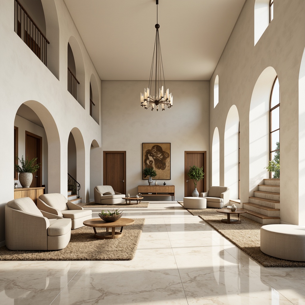 Prompt: Elegant living room, curved sofas, rounded coffee tables, flowing staircases, minimalist chandeliers, polished marble floors, creamy white walls, sleek metallic accents, streamlined cabinetry, rounded archways, organic shapes, soft diffused lighting, warm beige tones, plush area rugs, 3/4 composition, shallow depth of field, panoramic view, realistic textures, ambient occlusion.