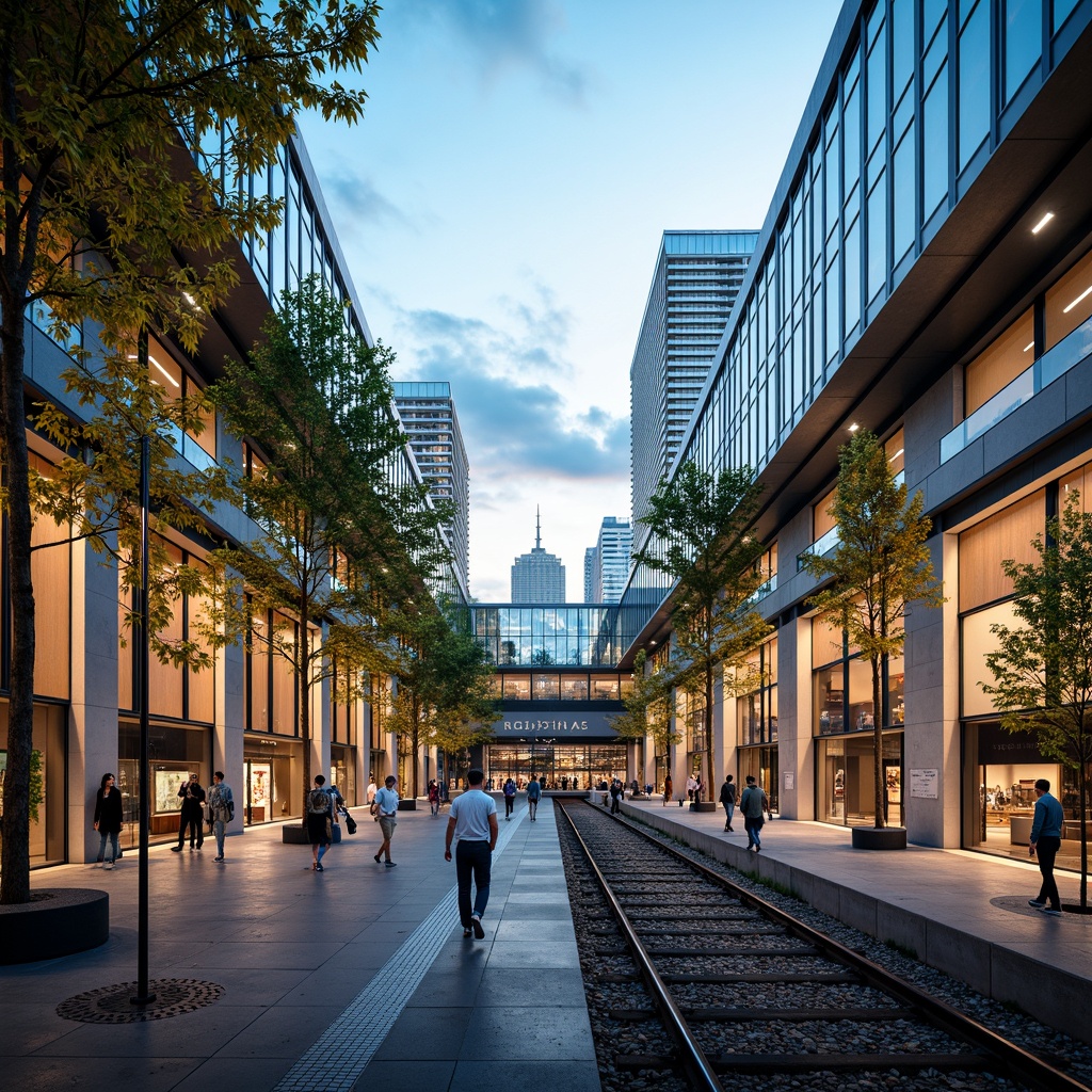 Prompt: Vibrant train station, modern architecture, steel beams, glass roofs, industrial chic, warm wooden accents, urban landscape, city skyline, bustling atmosphere, rush hour crowds, dynamic lighting, soft shadows, 3/4 composition, shallow depth of field, panoramic view, realistic textures, ambient occlusion, calming color scheme, soothing blues, creamy whites, rich wood tones, bold yellow accents, metallic silver highlights.