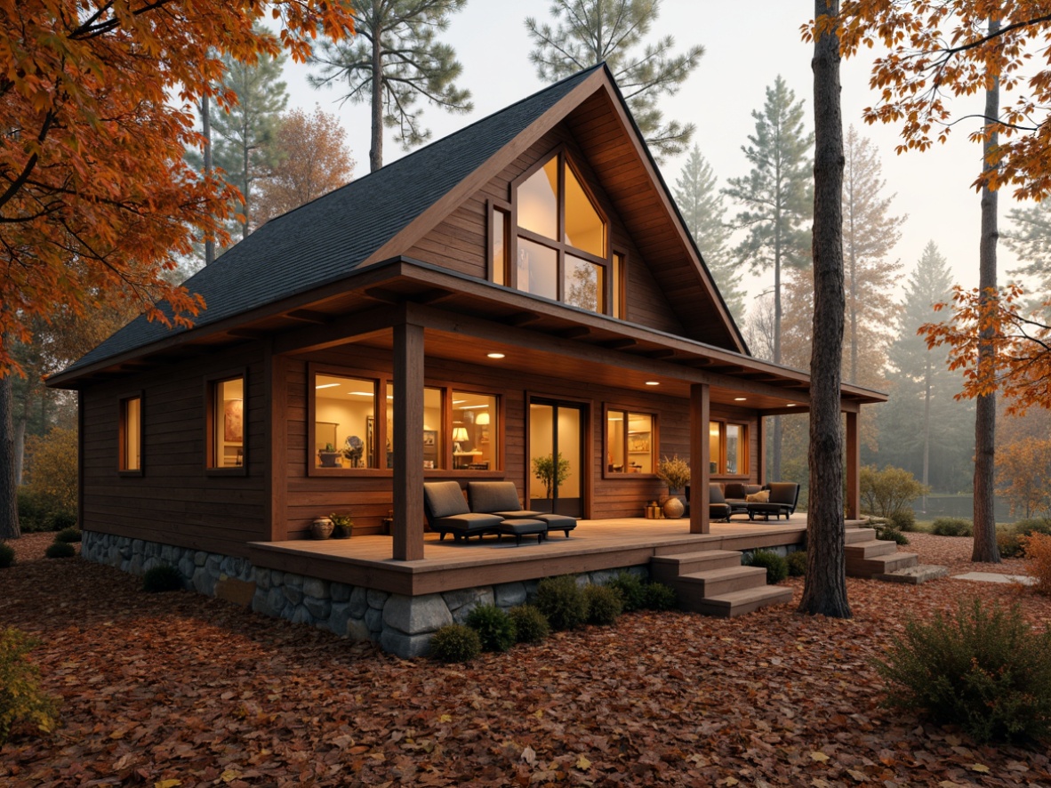 Prompt: Cozy cabin, warm wheat tones, earthy brown textures, rustic wooden accents, natural stone foundations, inviting porches, soft warm lighting, autumnal forest surroundings, misty morning atmosphere, shallow depth of field, 1/1 composition, realistic wood grain details, ambient occlusion.