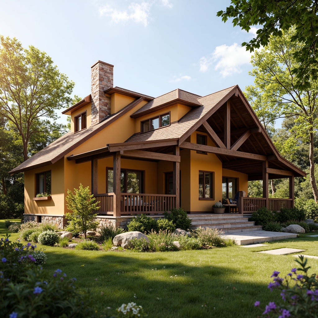 Prompt: Cozy craftsman-style cottage, warm wheat-toned exterior, inviting porch, rustic wooden accents, earthy brown roofs, natural stone foundations, lush greenery surroundings, blooming wildflowers, sunny afternoon, soft golden lighting, shallow depth of field, 3/4 composition, panoramic view, realistic textures, ambient occlusion.