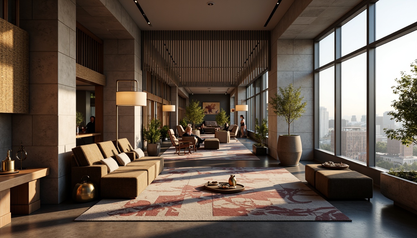 Prompt: Luxurious modern interior, textured stone walls, rich wood accents, metallic finishes, velvet upholstery, patterned rugs, statement lighting fixtures, floor-to-ceiling windows, expansive city views, warm atmospheric glow, shallow depth of field, 2/3 composition, softbox lighting, realistic reflections, ambient occlusion.