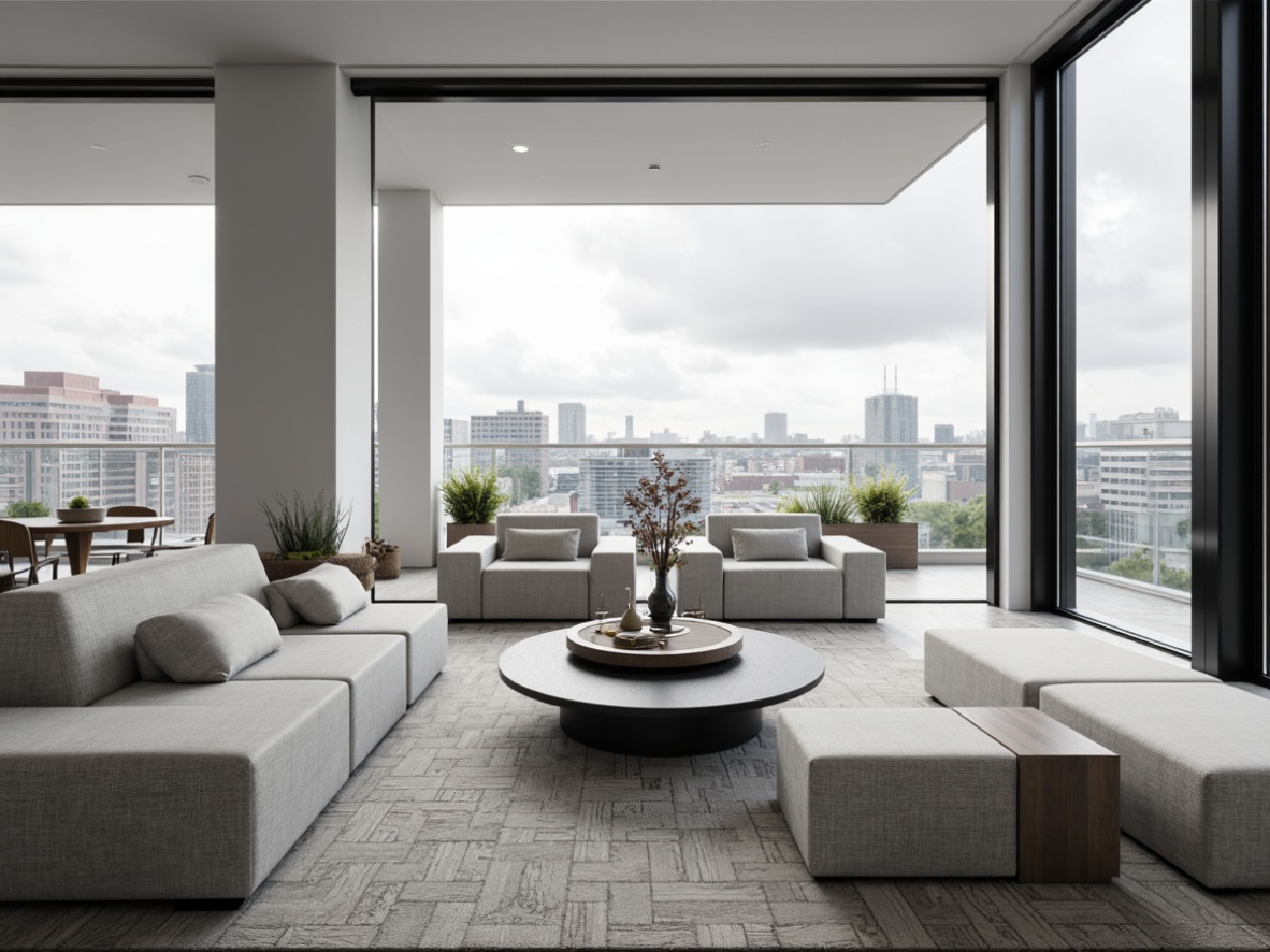 Prompt: Monochromatic color scheme, sleek low-profile furniture, polished metal accents, minimalist ornaments, sparse decorative elements, geometric patterns, clean lines, open floor plan, large windows, sliding glass doors, urban cityscape view, cloudy day, soft diffused lighting, shallow depth of field, 1/1 composition, realistic textures, ambient occlusion.