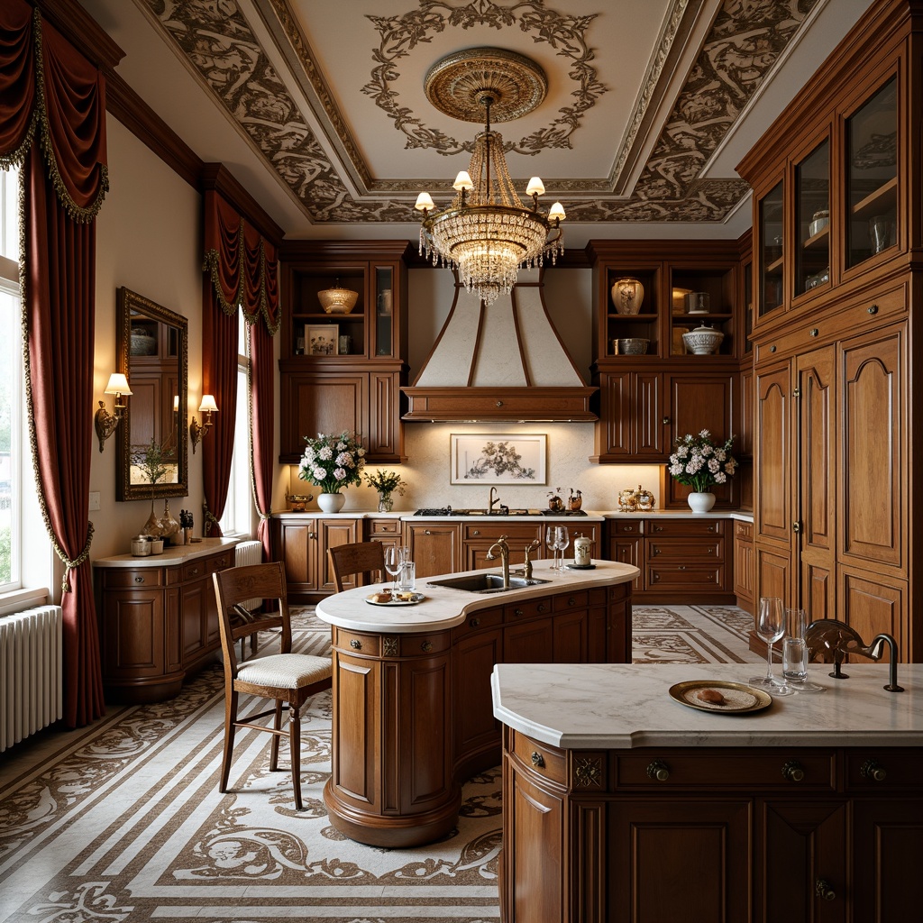 Prompt: Luxurious kitchen, ornate golden fixtures, intricate carvings, rich wooden cabinets, marble countertops, crystal chandeliers, velvet drapes, lavish furnishings, elegant curved lines, antique bronze hardware, decorative plaster ceilings, warm soft lighting, shallow depth of field, 1/2 composition, intimate atmosphere, realistic textures, ambient occlusion.