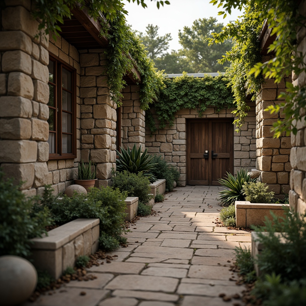 Prompt: Rustic stone walls, earthy tones, organic forms, overgrown vegetation, distressed wooden accents, worn metal details, rough-hewn stones, tactile brick surfaces, natural material palette, warm ambient lighting, soft focus, shallow depth of field, 1/2 composition, realistic textures, ambient occlusion.