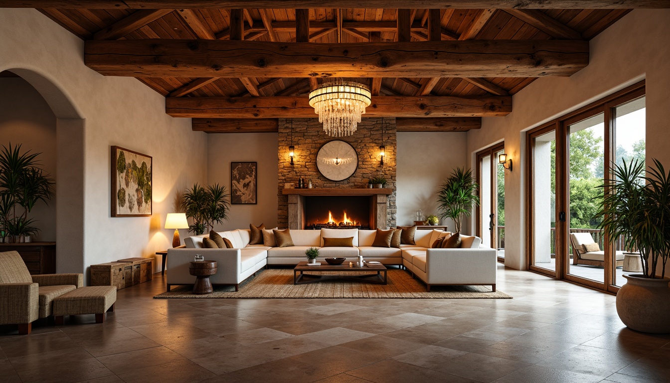 Prompt: Warm Mediterranean great room, high ceiling, large windows, sliding glass doors, natural stone walls, rustic wooden beams, soft warm lighting, table lamps, floor lamps, pendant lights, crystal chandeliers, ambient occlusion, realistic shadows, indirect illumination, warm color temperatures, cozy atmosphere, 3/4 composition, panoramic view, shallow depth of field.