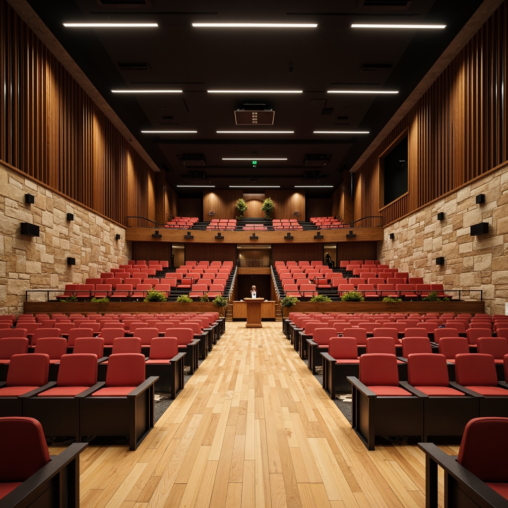 Prompt: Elegant auditorium, academic atmosphere, curved rows of seats, wooden accents, sophisticated lighting fixtures, tiered platform, comfortable cushioning, sleek metal frames, vibrant colored upholstery, natural stone walls, polished wood floors, minimal ornamentation, functional design, optimal sightlines, central podium, raised stage, dramatic ceiling heights, warm ambient lighting, soft shadows, 3/4 composition, realistic textures, subtle color palette.