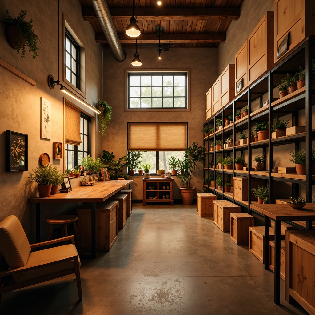 Prompt: Cozy storage room, warm beige walls, wooden crates, metal shelving units, rustic industrial decor, soft warm lighting, LED strip lights, pendant lamps, natural daylight, clerestory windows, overhead lighting, task-oriented spotlights, ambient glow, 1/2 composition, shallow depth of field, realistic textures, subtle shadows.