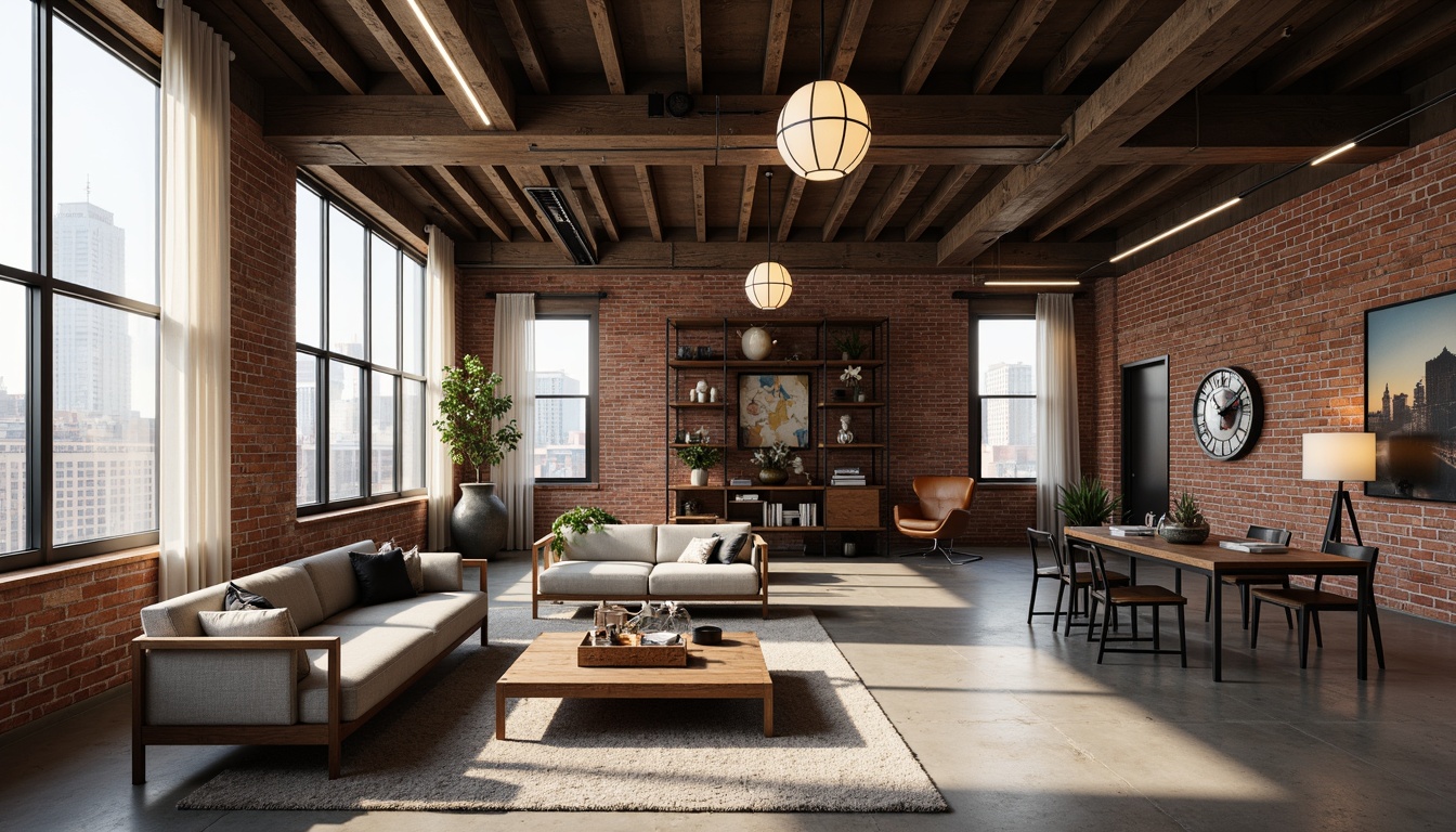 Prompt: Exposed brick walls, polished concrete floors, industrial chic decor, modern minimalist furniture, sleek metal accents, reclaimed wood beams, urban loft atmosphere, abundant natural light, floor-to-ceiling windows, sheer curtains, warm LED lighting, pendant lamps, geometric chandeliers, softbox lights, cozy reading nooks, plush area rugs, abstract artwork, edgy sculptures, industrial-style shelving units, metallic color schemes, soft warm glow, high contrast ratio, dramatic shadows, 1/1 composition, realistic textures, ambient occlusion.