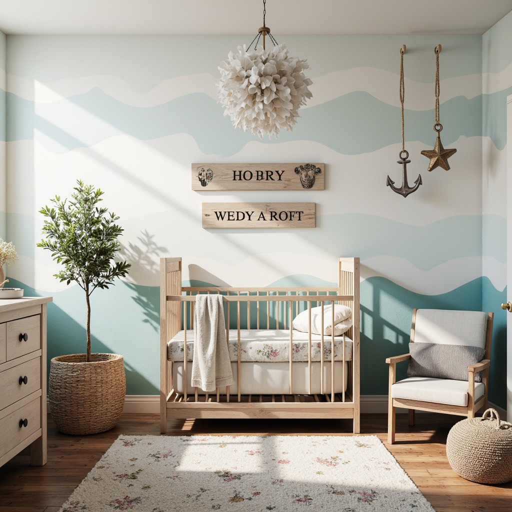 Prompt: Whimsical coastal nursery, soft calming colors, ocean-inspired wallpaper, wavy crib bedding, driftwood furniture, sea-glass chandelier, nautical ropes, vintage anchors, shells, starfish, coral-patterned rug, textured linen fabrics, beachy signage, distressed wood accents, natural fiber baskets, calming lighting, airy atmosphere, shallow depth of field, 1/1 composition, warm soft focus.