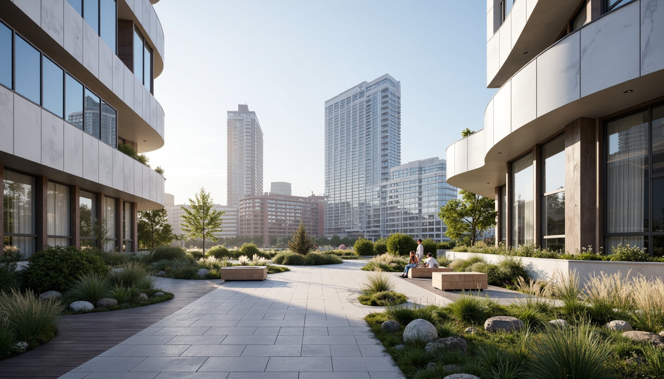 Prompt: Sleek modern buildings, curved lines, minimalist facades, silver metallic accents, large glass windows, sliding doors, open-air atriums, polished concrete floors, green roofs, urban landscape, city skyline, morning sunlight, soft natural lighting, shallow depth of field, 3/4 composition, panoramic view, realistic reflections, ambient occlusion.