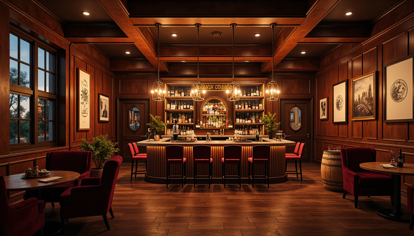 Prompt: Cozy home bar, warm inviting atmosphere, rich wood tones, luxurious velvet fabrics, metallic accents, dimmable LED lighting, pendant lamps, Edison bulbs, industrial-chic fixtures, glass shelves, wine racks, whiskey barrels, neon signs, ambient glow, soft warm illumination, 1/1 composition, shallow depth of field, realistic textures.