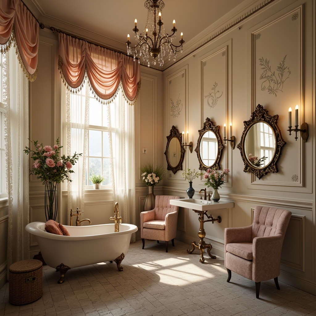 Prompt: Softly lit powder room, vintage decor, distressed finishes, ornate mirrors, delicate florals, lace curtains, velvet upholstery, antique furniture, porcelain vases, crystal chandeliers, feminine accents, luxurious textures, pastel color palette, warm beige tones, gentle candlelight, shallow depth of field, 1/1 composition, romantic ambiance, whimsical patterns, elegant typography.