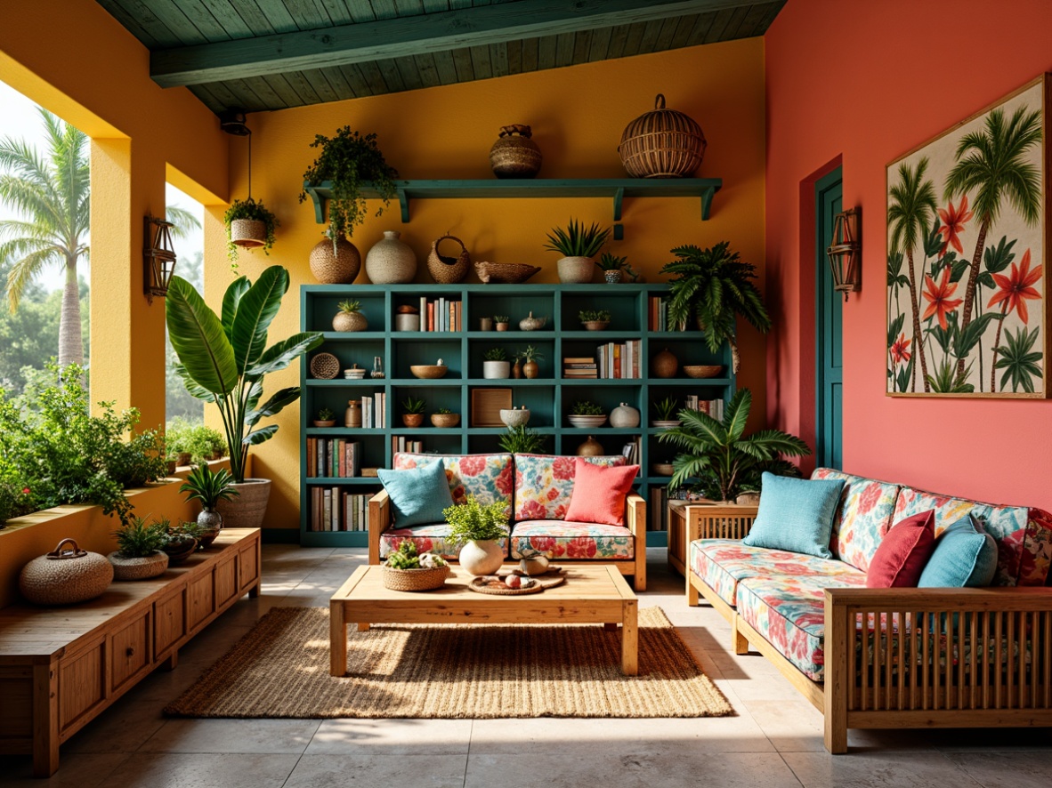 Prompt: Vibrant tropical craft room, warm wood accents, natural rattan furniture, colorful woven baskets, lush greenery, exotic floral patterns, bright coral walls, sunny yellow ceilings, turquoise blue shelves, distressed wooden crates, woven jute rugs, eclectic global decor, whimsical seaside touches, soft warm lighting, shallow depth of field, 1/1 composition, realistic textures, ambient occlusion.