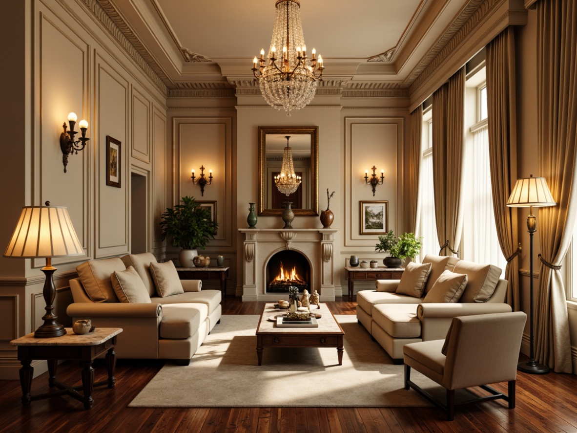 Prompt: \Elegant family room, neoclassical style, warm beige walls, rich wood flooring, ornate ceiling moldings, crystal chandeliers, bronze sconces, table lamps with silk shades, floor lamps with carved wooden legs, decorative mirrors, comfortable sofas, velvet armchairs, marble coffee tables, soft golden lighting, subtle shadows, 1/1 composition, realistic textures, ambient occlusion.\