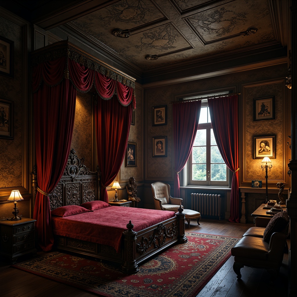 Prompt: Dark academia, mysterious atmosphere, ornate furniture, grandiose beds, velvet drapes, intricate carvings, wooden panels, stone walls, secret compartments, mystical symbols, eerie lighting, dimly lit, warm colors, rich textures, Baroque-inspired decor, lavish fabrics, regal accents, medieval-style chests, ancient tomes, mysterious artifacts, whimsical touches, dreamlike ambiance, soft focus, shallow depth of field, 1/1 composition, realistic rendering.