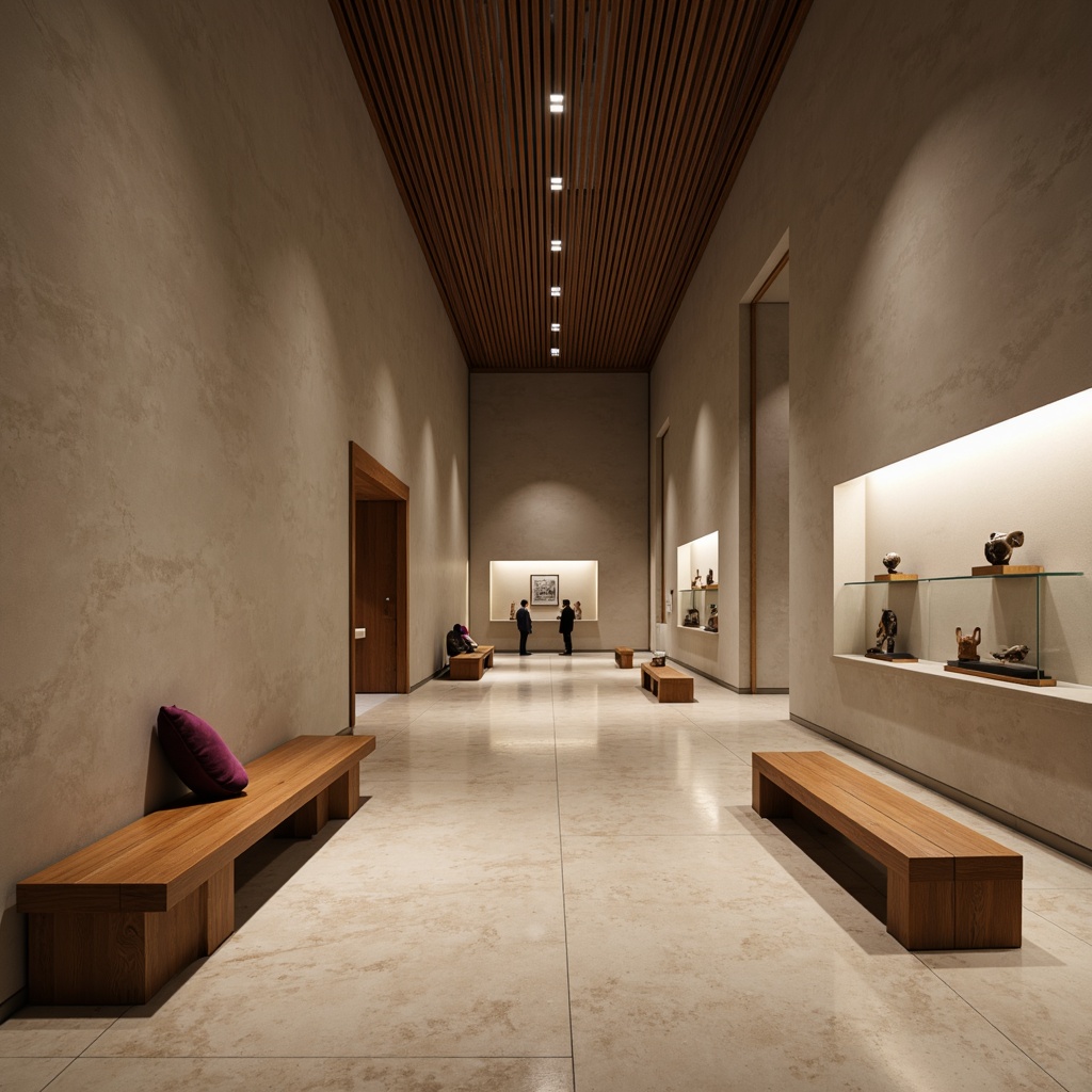 Prompt: Minimalist museum interior, sleek wooden benches, polished marble floors, subtle track lighting, elegant display cases, refined glass shelves, sophisticated artifact mounts, comfortable velvet upholstery, understated color palette, natural material accents, open floor plan, flowing circulation path, ample vertical space, dramatic high ceiling, soft warm lighting, 1/2 composition, shallow depth of field, realistic textures, ambient occlusion.