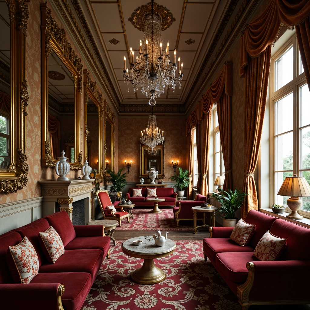 Prompt: Ornate Rococo-style salon, luxurious velvet sofas, intricately carved wooden armchairs, gilded mirrors, crystal chandeliers, ornamental vases, delicate porcelain figurines, lavish silk drapes, golden leaf patterns, soft warm lighting, shallow depth of field, 1/2 composition, intimate atmosphere, realistic textures, ambient occlusion.