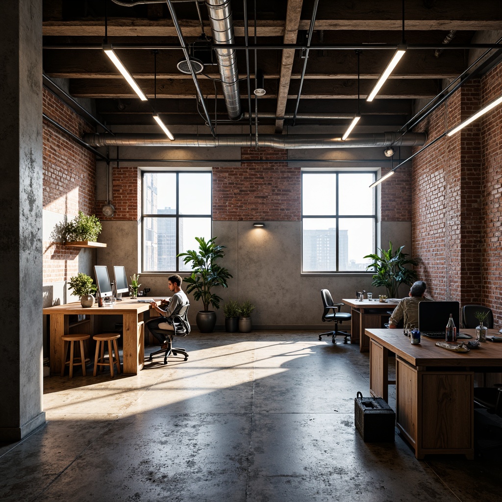 Prompt: Exposed brick walls, metal beams, reclaimed wood floors, industrial-style lighting fixtures, urban loft atmosphere, converted warehouse space, distressed concrete textures, mechanical pipes, functional machinery parts, metallic color scheme, minimalist decor, functional workstations, open-plan layout, natural light pouring in, high ceilings, cityscape views, gritty urban feel, dramatic shadows, low-key lighting, 3/4 composition, symmetrical framing, realistic materials, ambient occlusion.