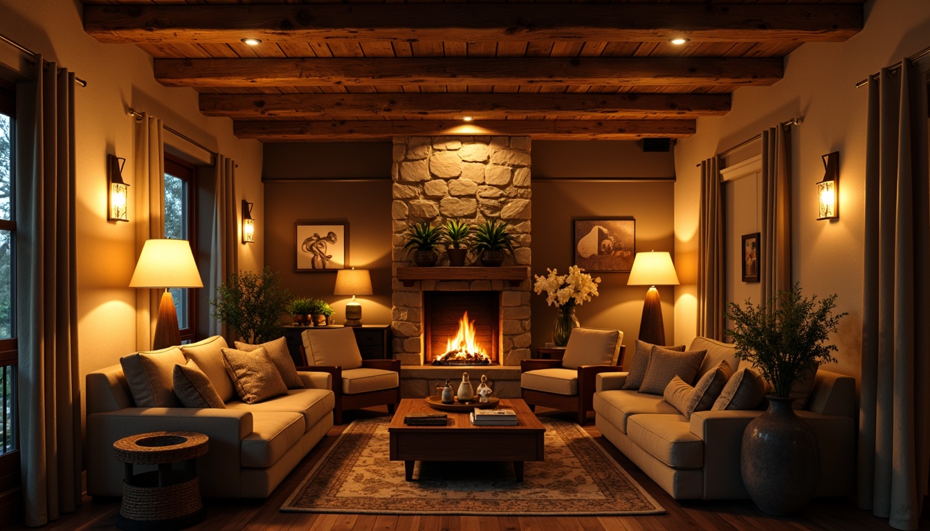 Prompt: Cozy living room, warm golden lighting, soft glowing lamps, minimalist pendant lights, rustic wooden ceiling beams, comfortable couches, natural stone fireplace, earthy color palette, intimate atmosphere, relaxing ambiance, table lamps with linen shades, floor lamps with paper lanterns, dimmable LED lights, warm white color temperature, layered lighting effects, subtle shadows, 1/1 composition, atmospheric rendering, realistic materials.