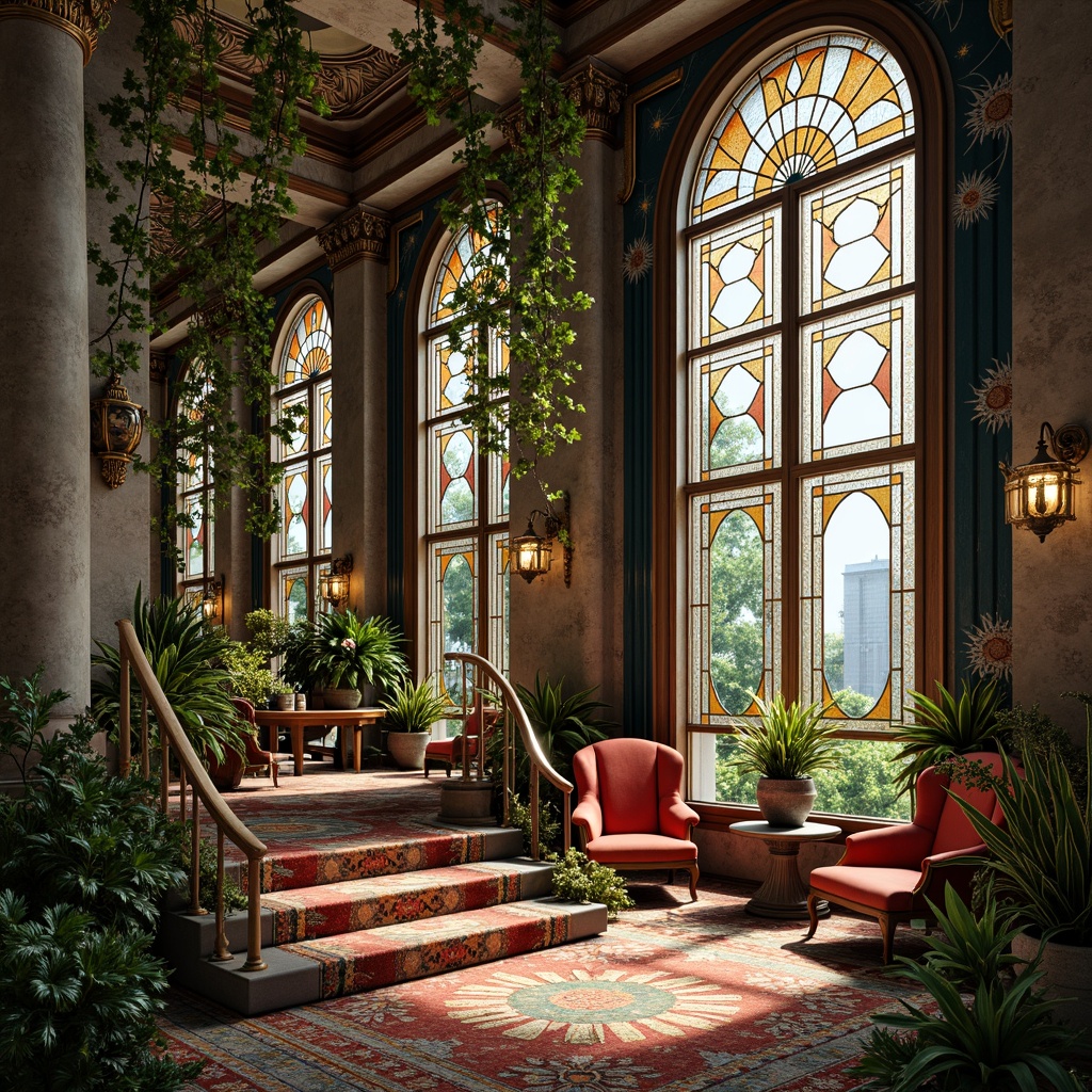 Prompt: Intricate floral patterns, flowing organic lines, sinuous curves, luxurious materials, ornate metalwork, stained glass windows, grand entranceways, lavish decorations, natural motifs, peacock-inspired colors, iridescent sheen, soft warm lighting, high-contrast shading, detailed textures, 3/4 composition, symmetrical balance, opulent furnishings, velvet drapes, gilded accents, whimsical illustrations, dreamlike atmosphere, nostalgic ambiance.