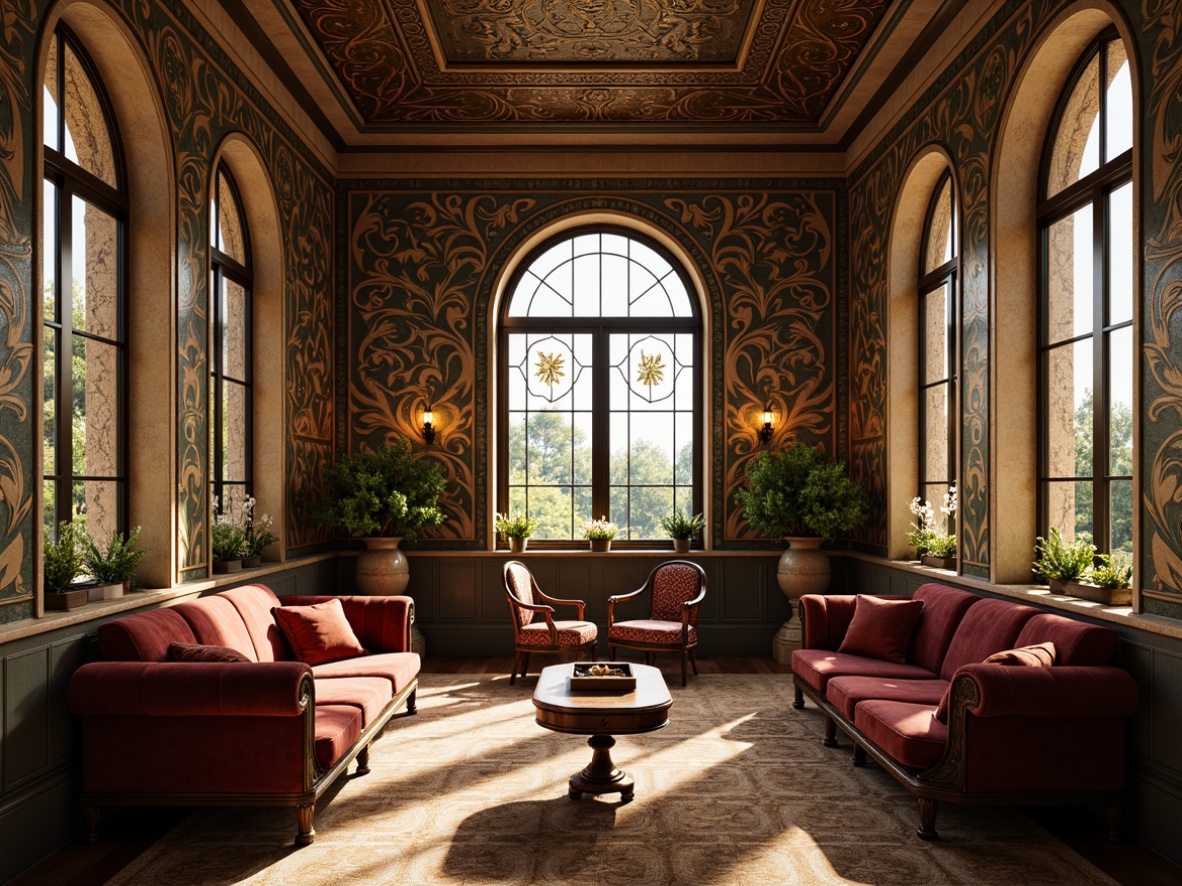 Prompt: \Intricate Art Nouveau patterned walls, flowing organic lines, sinuous curves, ornate metalwork, stained glass windows, velvet drapes, antique wooden furniture, curved sofas, intricately carved chairs, polished bronze accents, soft warm lighting, 1/2 composition, shallow depth of field, realistic textures, ambient occlusion, luxurious fabrics, natural materials, earthy color palette, vintage decorative accessories.\Let me know if you need any adjustments!