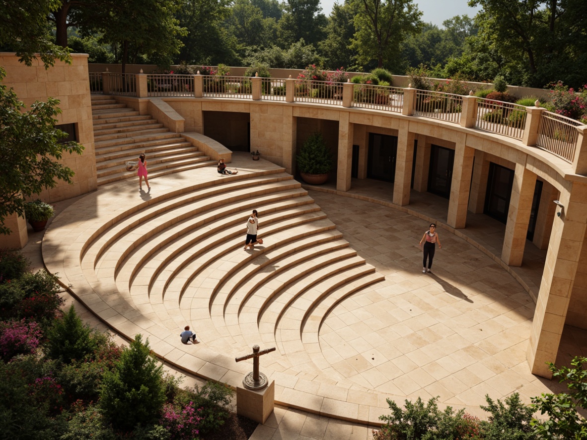 Prompt: Undulating amphitheater, sweeping curves, grandstand seating, radial walkways, ornate railings, polished granite surfaces, warm beige stone walls, lush greenery, vibrant flower arrangements, tiered landscaping, elevated platforms, dramatic spotlights, soft ambient lighting, shallow depth of field, 1/2 composition, symmetrical framing, realistic textures, subtle gradient effects.