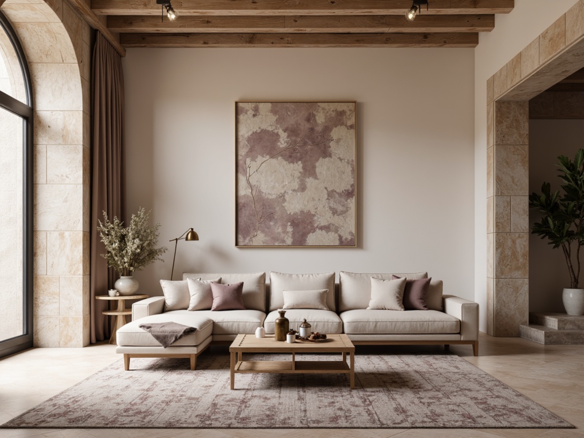 Prompt: Soft lilac hues, warm beige tones, creamy whites, rich wood textures, natural stone accents, elegant furnishings, ornate metal details, subtle patterned rugs, soft warm lighting, shallow depth of field, 2/3 composition, intimate atmosphere, inviting decor.