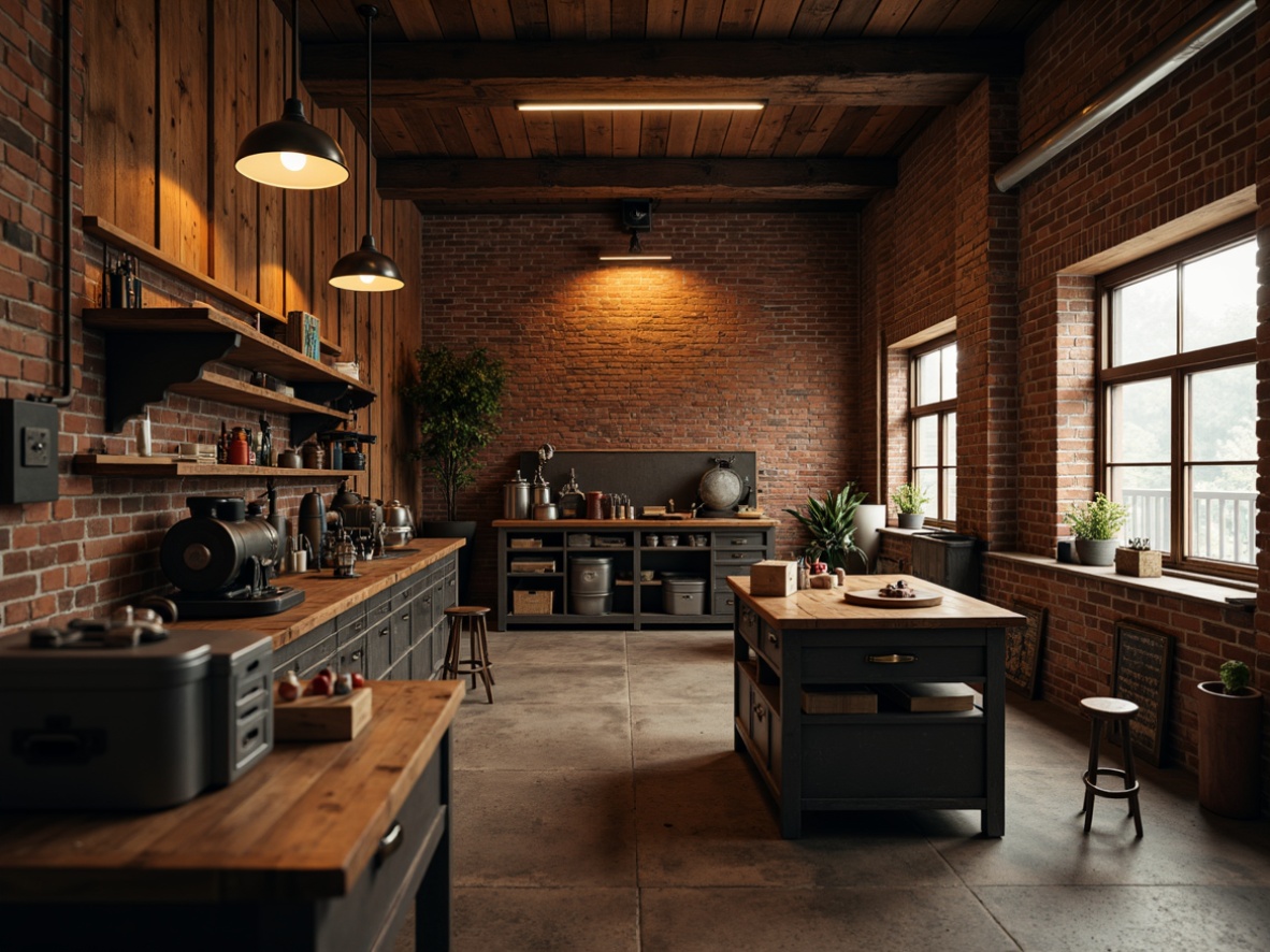 Prompt: Rustic workshop interior, wooden workbenches, metal toolboxes, vintage machinery, exposed brick walls, reclaimed wood accents, industrial-style lighting fixtures, metal shade pendants, Edison bulb lamps, warm cozy ambiance, soft diffused lighting, 1/2 composition, shallow depth of field, realistic textures, ambient occlusion.