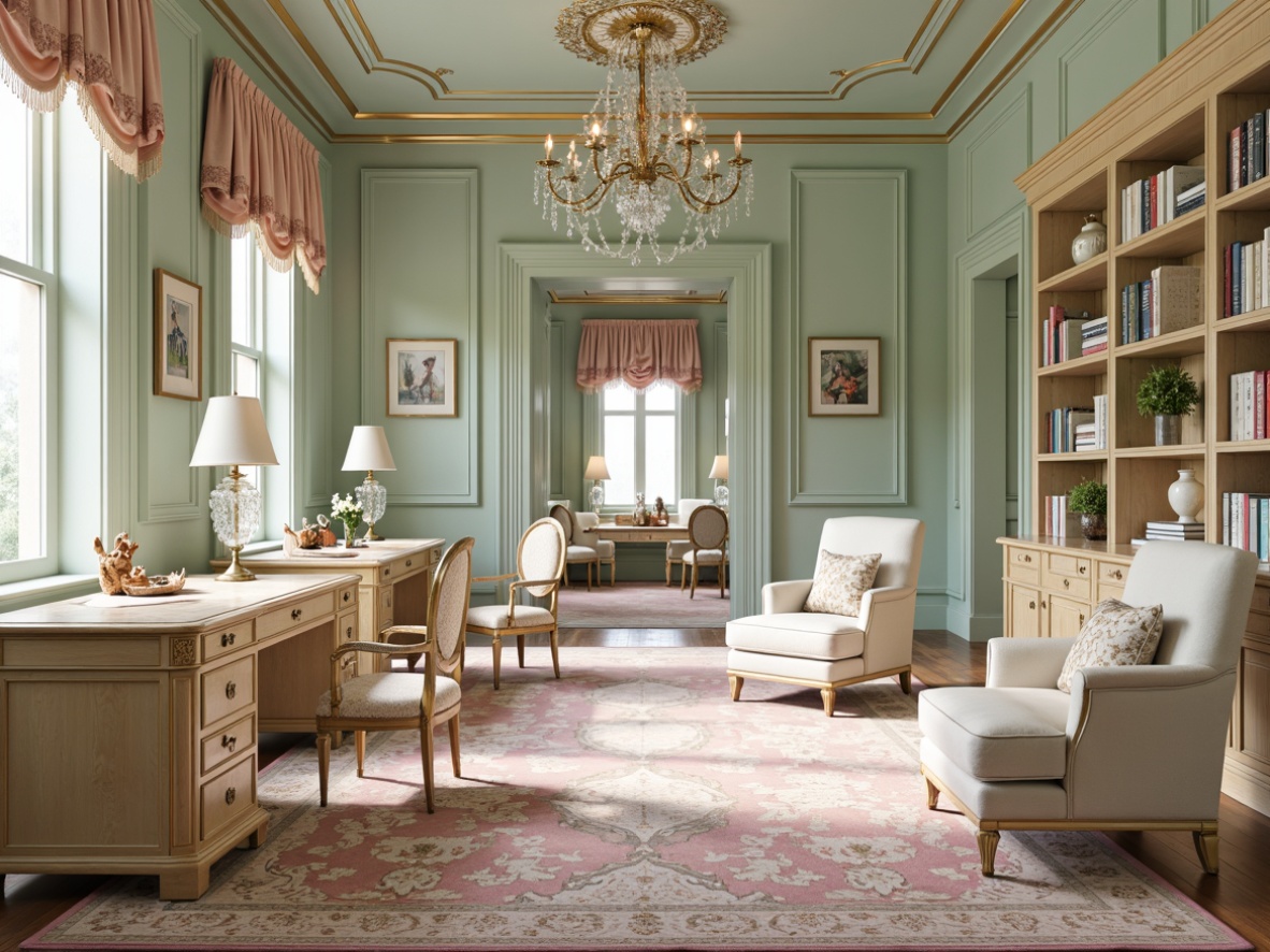 Prompt: Soft mint walls, ornate gold accents, creamy white furniture, delicate floral patterns, pastel pink rugs, intricately carved wooden desks, luxurious velvet drapes, crystal chandeliers, antique bronze hardware, lavish silk upholstery, warm beige bookshelves, elegant curved lines, refined Rococo details, softbox lighting, shallow depth of field, 1/2 composition, realistic textures, ambient occlusion.