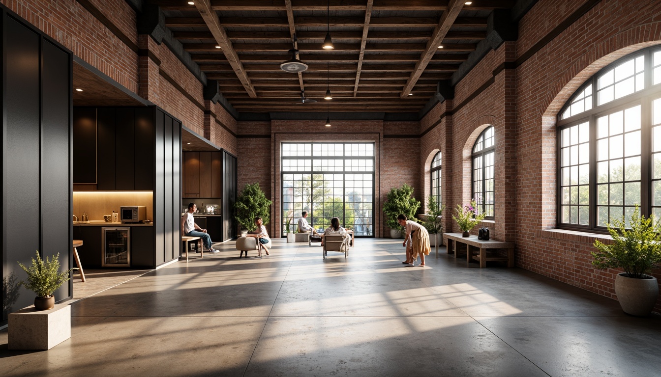 Prompt: Industrial-chic warehouse, exposed brick walls, polished concrete floors, reclaimed wood accents, matte black metal frames, glass partitions, minimalist decor, urban loft atmosphere, natural light pouring in, soft warm glow, shallow depth of field, 1/1 composition, realistic textures, ambient occlusion.