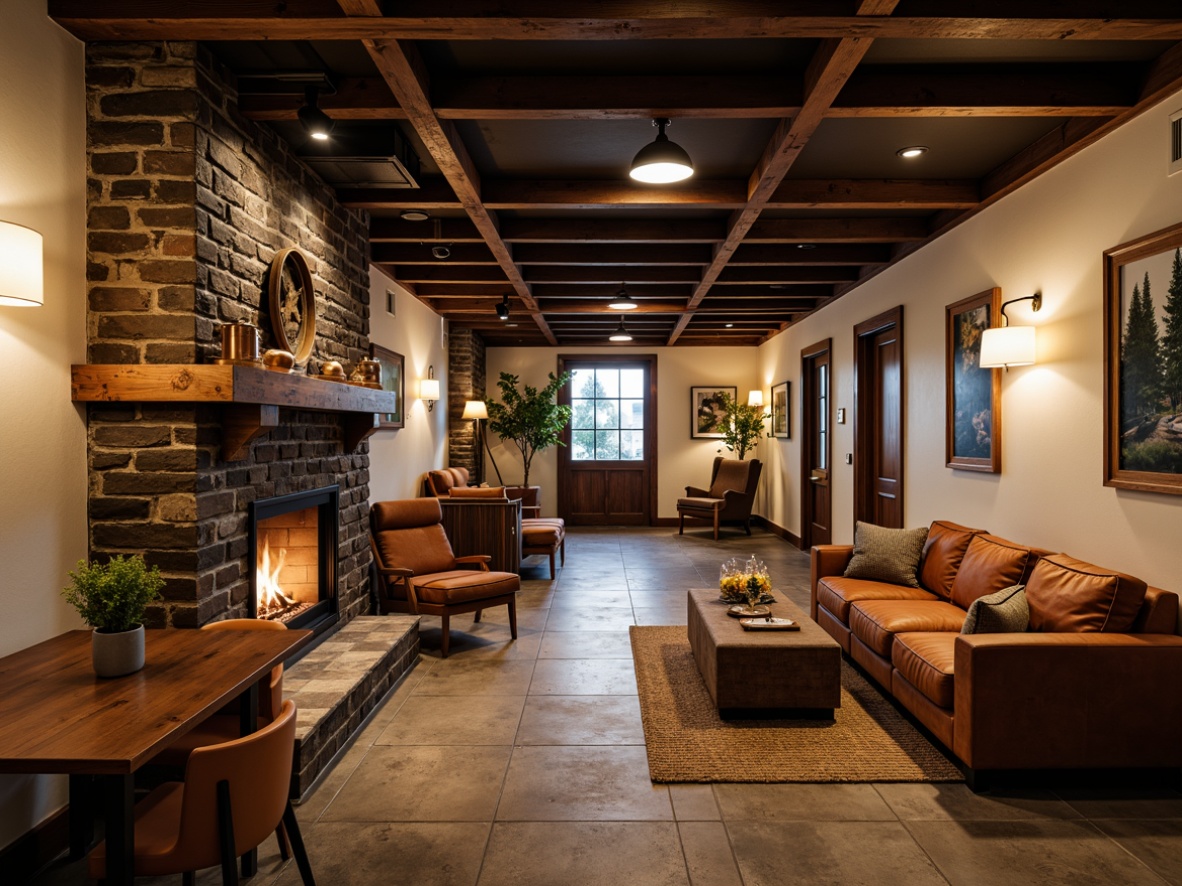 Prompt: Cozy basement, warm earthy tones, rich wood accents, soft cream walls, deep blue undertones, industrial metal beams, exposed brick surfaces, comfortable seating areas, rustic stone fireplaces, ambient warm lighting, dramatic shadows, 3/4 composition, realistic textures, atmospheric rendering.