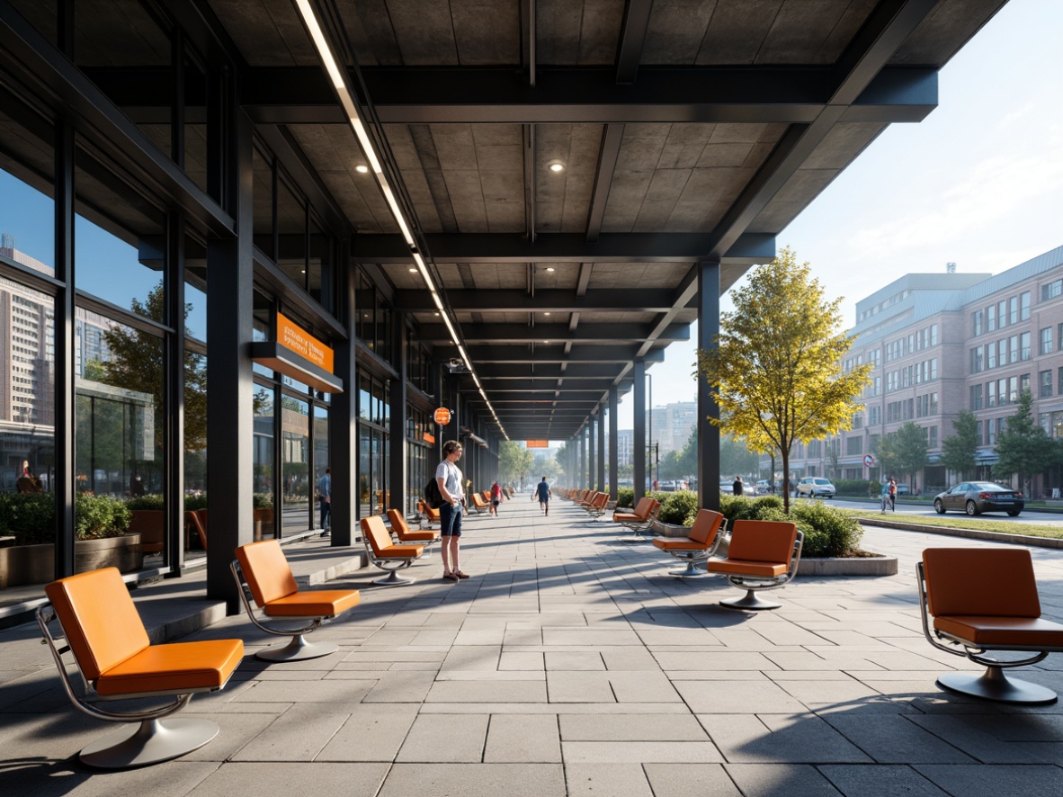 Prompt: Functional bus station, sleek modernist architecture, industrial materials, steel beams, concrete floors, minimal ornamentation, geometric shapes, tubular metal chairs, leather upholstery, primary color accents, functional lighting, cantilevered roofs, minimalist signage, urban landscape, busy city atmosphere, morning commute, natural light pouring in, high-contrast shadows, 1/2 composition, dramatic perspective, realistic textures, subtle ambient occlusion.